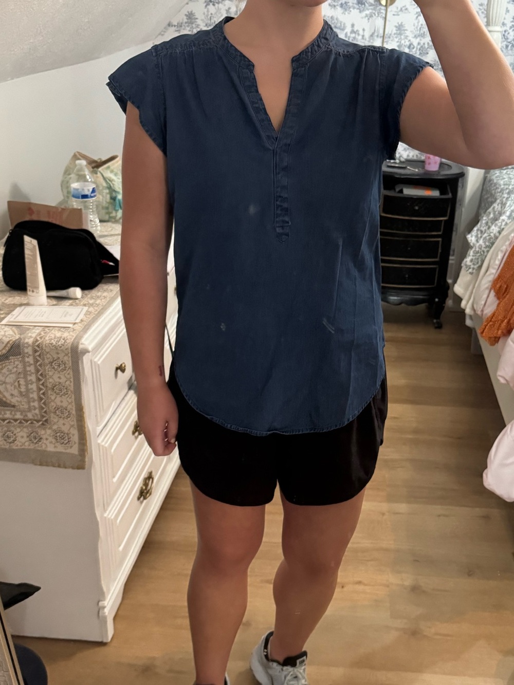 Denim V-Neck Short-Sleeve Blouse